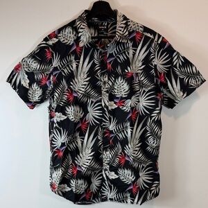 Hurley Black Tropical Leaf Short Sleeve Button-Up Shirt with Red Accents
